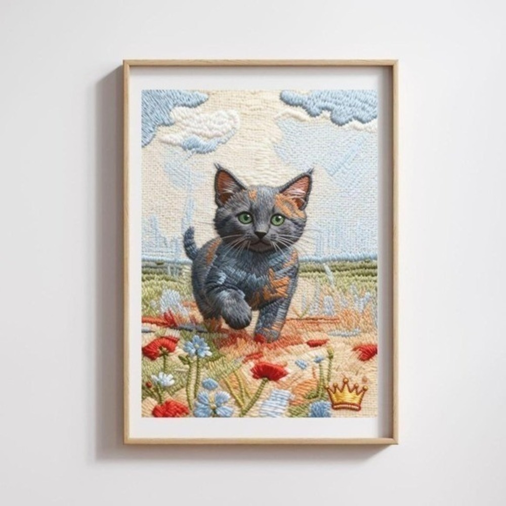 Kitty Cat Strolling‎ Embroidered Wall Art Décor Re-Print on Canvas 3D RTH